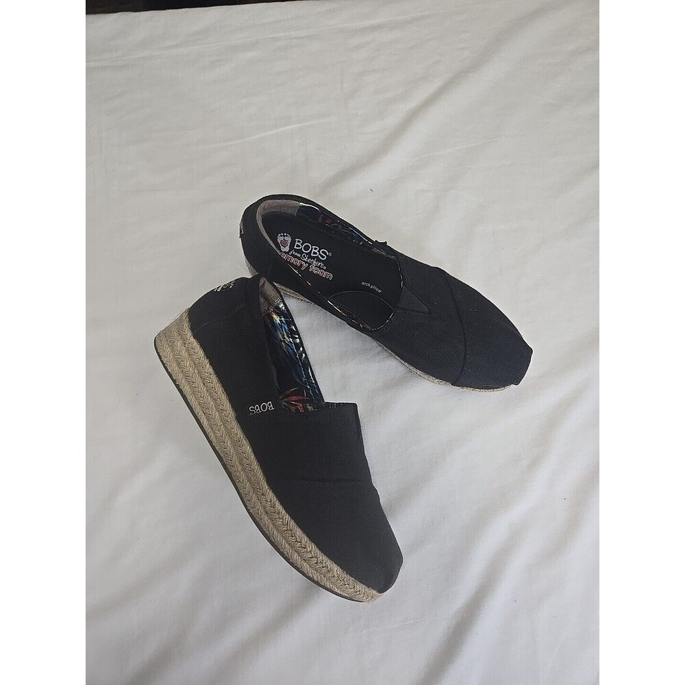 Bobs Skechers Shoes 9 Espadrilles Slip On Comfort Black Tan‎ Fabric Wedge Arch